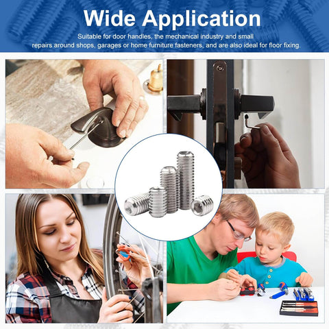 Collage showing multiple uses of M3 X 3mm Flat Cup Point Set Screws, 304 Stainless Steel, for towel racks, door knobs, and more.