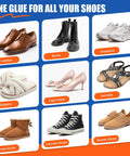 Everyday Shoe Glue For Repairs And No Fuss Quick Flexible Waterproof Adhesive For Insoles Soles Heels And Leather 100Ml Professional Grade Fast Setting Clear Drying Bond That Lasts shown with various shoe types including leather, boots, sneakers, slippers, high heels, sandals, snow boots, canvas shoes, and suede shoes.