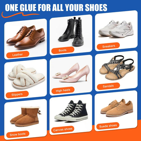 Everyday Shoe Glue For Repairs And No Fuss Quick Flexible Waterproof Adhesive For Insoles Soles Heels And Leather 100Ml Professional Grade Fast Setting Clear Drying Bond That Lasts shown with various shoe types including leather, boots, sneakers, slippers, high heels, sandals, snow boots, canvas shoes, and suede shoes.
