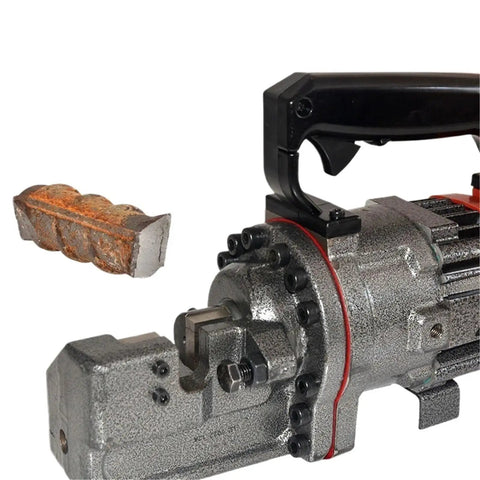 AOXHUGB Handheld Electric Rebar Bender And Cutter close-up with ergonomic grip, showing detail of the hydraulic mechanism and rebar