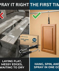 Comparison of flat drying vs. hanging spray method with 360 Degree Universal Painting Rack With No-Fuss Removable Hooks, Fast Drying Cabinet Door Stand For 35mm Hinges And 3/4 Inch Pipe, 12 Pack Hanging Drying Racks For Cabinets.