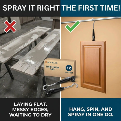 Comparison of flat drying vs. hanging spray method with 360 Degree Universal Painting Rack With No-Fuss Removable Hooks, Fast Drying Cabinet Door Stand For 35mm Hinges And 3/4 Inch Pipe, 12 Pack Hanging Drying Racks For Cabinets.