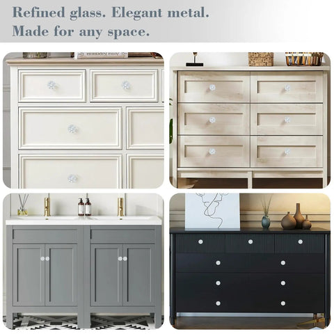 Crystal Cabinet Knobs 30 Pack Set For Dresser And Cabinets installed on various styles, clear silver finish, sparkling aluminum construction.