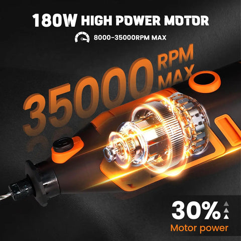 Close-up of Powerful 180W Corded Rotary Tool Kit With 6 Variable Speeds And Flex Shaft, 8000 to 35000 RPM motor details.