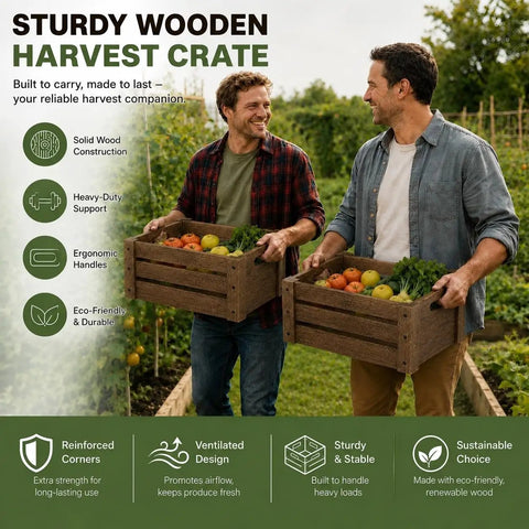 Two men in garden holding sturdy wooden harvest crates, filled with vegetables, showcasing ergonomic handles and reinforced corners.
