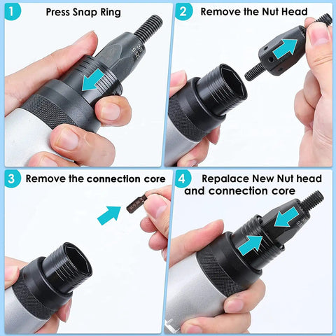 Heavy Duty Cordless Electric Rivet Nut Gun Kit For Installing Pop Rivets And Hex Insert Nuts Quick As A Wink With Dual Batteries demonstrates replacing connections.