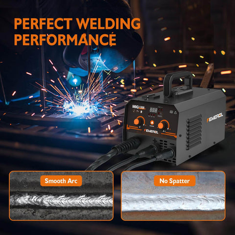 2 In 1 Flux Core And Stick Welder With 130 Amp 110V Gasless MIG Machine, Synergy IGBT Inverter in use with welding sparks visible