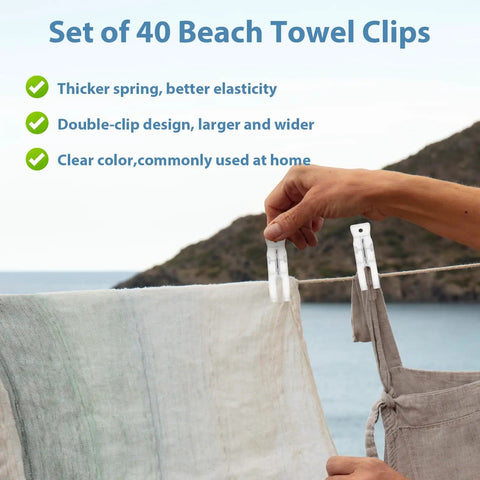 Person using Transparent Balloon Arch Clips 3.5 Inch Heavy Duty Spring Clamps to secure towel on clothesline outdoors.