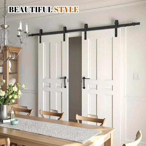 Heavy Duty 8 Ft Double Sliding Barn Door Hardware Kit In Black Carbon Steel With J-Shape Track For Two Doors installed
