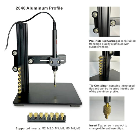 Heat Set Insert Press Tool with Soldering Iron for Threaded Inserts, brass knurled insert nuts, heat insert kit M2-M8, black finish.