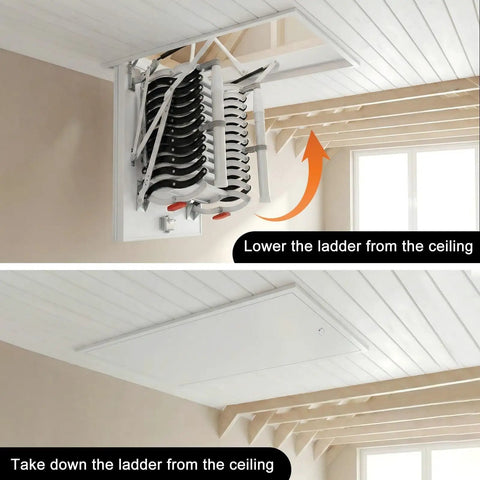 Heavy Duty Electric Attic Ladder With One Button Remote Pull Down Ceiling Loft Stairway shown in ceiling and lowered positions.