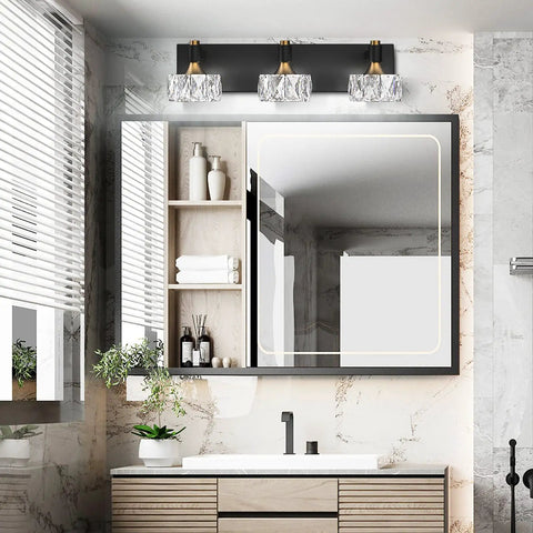 Three Light Crystal Bathroom Vanity Light Fixtures Over Mirror Black Modern Dimmable LED Wall Lights For Bathroom 6000K