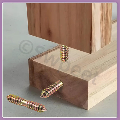 Straight Up Built Tough Double Ended Screws Assortment Kit Featuring Zinc Plated Hanger Bolts For Furniture And Woodworking Assembly In Six Handy M6 M8 Sizes, showing screws joining wood.