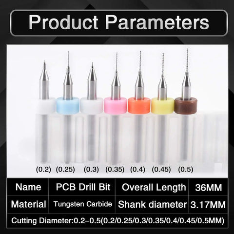 7 Pcs Mini PCB Drill Bit Set 0.2mm To 0.5mm High Speed Steel Spiral Flute Micro Drill Bits display with size labels