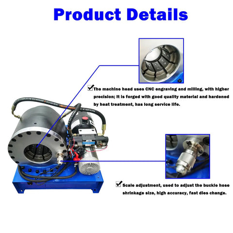 Heavy Duty Electric Hose Crimper With Ten Precision Dies For High Pressure Hydraulic Lines One Quarter To Two Inches 12 Volt 2200 Watt shown with detailed machine head and scale adjustment features.