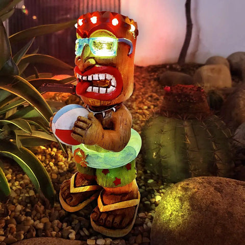 16.7 Inch Tiki Garden Statue With Solar Powered Lantern Lights, Large Hawaiian Tiki Man Figurine for Outdoor Patio Yard Bar Beach Pool Pond, Auto On Off Glow for Nighttime Ambiance and Holiday Gift Idea