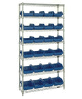Knockout Heavy Duty Shop Storage Rack Seven Sturdy Shelves Handling Eight Hundred Pounds Each With Double Sided Access For Fast Workflow Coupled With Twenty Four Spacious Blue Totes, featuring a silver frame and blue bins.