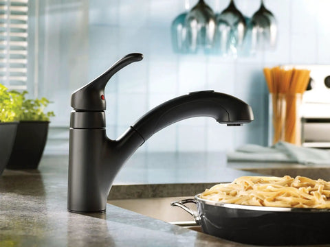 Renzo Matte Black One Handle Pullout Kitchen And Laundry Faucet With Long Reach Hose Power Clean Duralock Quick Connect setup in kitchen