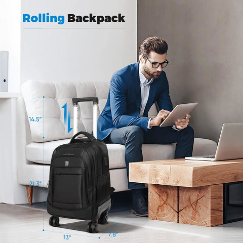 Black rolling backpack with four wheels, top handle, and multiple compartments for travel