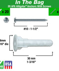 Image showing details of the Alligator AF6 Flanged Anchor with Screws, 20-pack, highlighting dimensions and made in USA label.