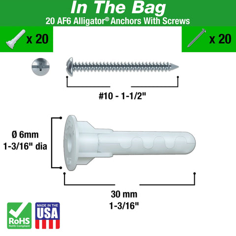 Image showing details of the Alligator AF6 Flanged Anchor with Screws, 20-pack, highlighting dimensions and made in USA label.