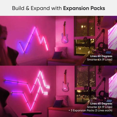 Lines LED Wall Lights Expansion Pack, 3 Panel RGBW Smart Geometry Light Bars, arranged in a zigzag pattern on a gaming room wall.