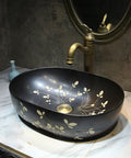 Ceramic Vintage Bathroom Vessel Sink, Handcrafted Art Countertop Vanity Basin for Home, B&B and Club Bathroom Decor (Small) with floral design.