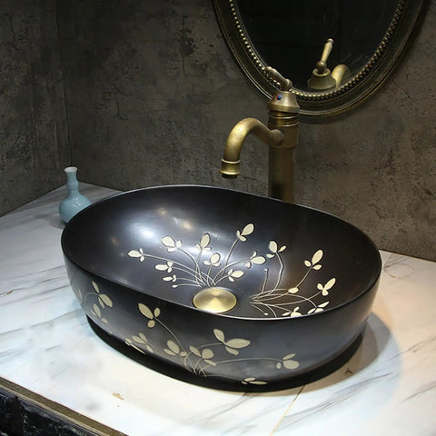 Ceramic Vintage Bathroom Vessel Sink, Handcrafted Art Countertop Vanity Basin for Home, B&B and Club Bathroom Decor (Small) with floral design.