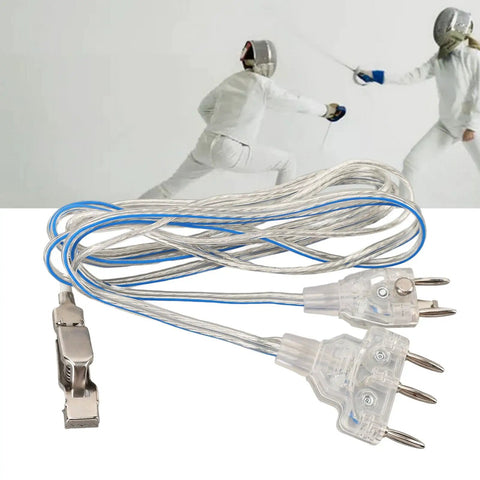 Fencing Body Wire For Saber Foil Epee, Stainless Steel Core with Transparent Head displayed in fencing setting
