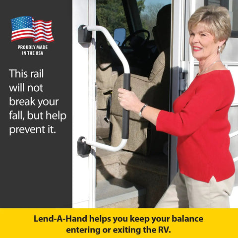 Stay Planted On The Steps Black Foam Grip Assist Rail For Rv Porches And Basement Stairs Heavy Duty Indoor Outdoor Safety Bar with hand gripping rail.