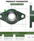 2 Pack Flange Mount Pillow Block Bearings With 1.25 Inch Bore Self Aligning Solid Cast Iron Base Built Tough Bearing Steel Construction 2 Bolt Mount Durable And Easy To Install, front and side view dimensions chart