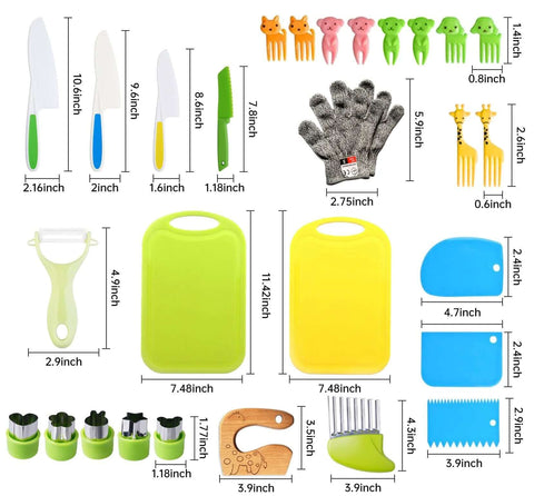Doiaz Kidz Safe Knife Set for Toddlerz with colorful kid knives, gloves, cutting boards, crinkle cutter and peeler.