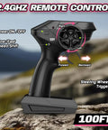 Remote control for All Terrain Remote Control Monster Truck For Kids With Speed Switch And LED Headlights on rocky terrain.