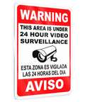 The Real Deal 24 Hour Security Camera Alert Eight By Twelve Inch Reflective Aluminum Yard Sign with bilingual warning.
