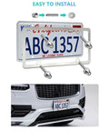 Stainless Steel License Plate Frames for Volvo 2 Pack Slick Slim Edge Mirror Polished Front And Rear Car Tag Frame With Stainless Steel Screws And Chrome Caps, showing installation steps and mounted on a car.