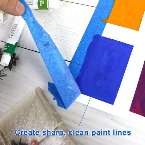 Blue Painter Tape 1 Inch By 60 Yards Six Roll Pack Pro Grade Masking Tape peeling to reveal sharp lines on painted surface