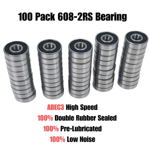 Stacked 100 Pack 608 2RS Ball Bearings 8x22x7mm Sealed Chrome Steel for skateboards and inline skates