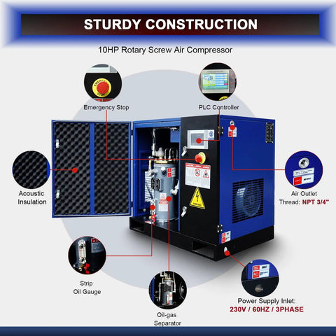 Heavy Duty 10HP Industrial Rotary Screw Air Compressor, 34CFM At 125 PSI, Low Noise 62 DBCabinet For Workshop Manufacturing, Continuous Duty 230V 3Phase Power