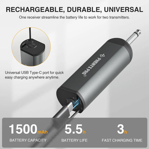 Portable mini receiver of Dual Wireless Microphone System For Live Performances With 2 Bodypack Transmitters and USB-C port