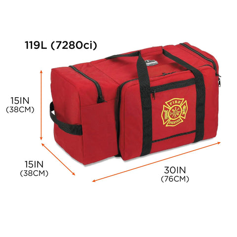 Arsenal 5005P Heavy Duty 1000D Polyester Firefighter Rescue Gear Bag in red with shoulder strap, helmet pocket, size 21x15x15 inches.