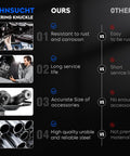 Comparison chart of steering knuckle features: rust resistance, service life, accessory size, and material quality
