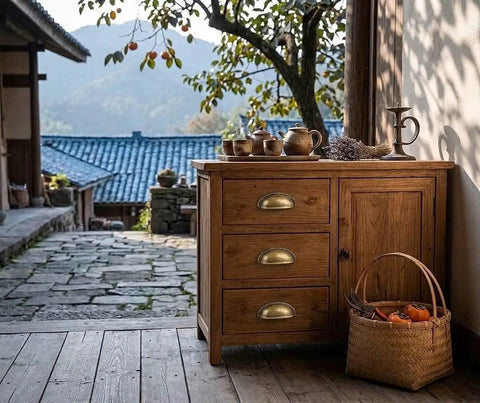 Antique brass cup pulls on a wooden cabinet with a rustic design, featuring three drawers, complementing a home setting.