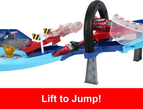 GRC Jumping Raceway Track Set With Kid Powered Booster And Lightning McQueen And Francesco Bernoulli Cars in action