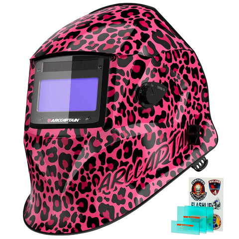 Leopard Pattern Auto Darkening Welding Helmet With True Color Lenses, Four Arc Sensors, Ultra Fast Reaction Time Of One Over Twenty Five Thousandth Of A Second, Solar Powered Weld Hood For TIG MIG ARC Welding, Pro Grade Shade And Sensitivity front view