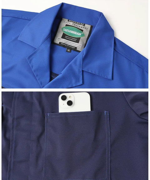 Blue men's lab coat, size L, showing durable twill fabric, concealed button front, and pocket detail with phone.