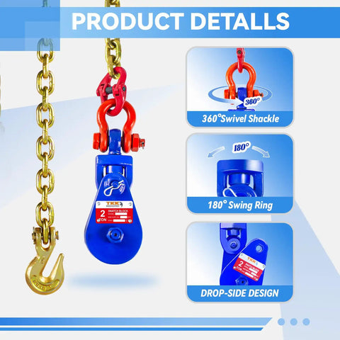 Heavy Duty Snatch Block With G80 Chain And Swivel Shackle 3 Inch Sheave For 3/8 Inch Wire Rope 4400 Lb Working Load Limit Ideal For Towing Recovery And Winching Tow Trucks Rollback Wreckers And Car Haulers, blue block with gold chain