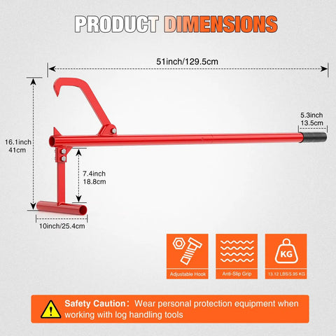 51 Inch Cant Hook For Log Rolling And Firewood Lifting, Heavy Duty Timberjack Tool With Adjustable Steel Cant Hooks, Rubber Grip Handle, Lets You Raise And Roll Logs Up To 15 Inches, Red, product dimensions and safety caution text overlay