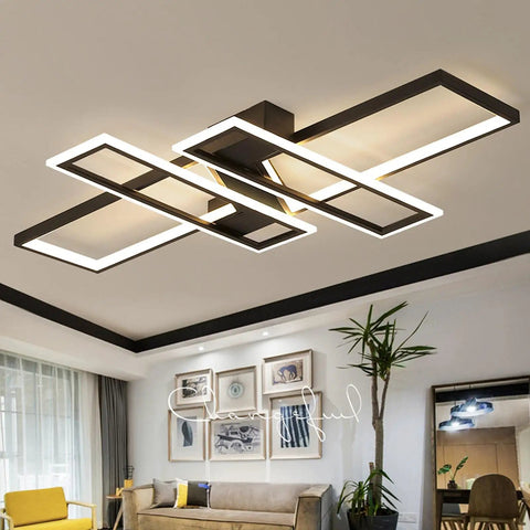 Dope Modern Dimmable Ceiling Light With Remote Control Four Rectangular Panel Flush Mount Black Metal And Acrylic in living room
