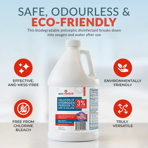 3 Percent Hydrogen Peroxide First Aid Antiseptic And Multipurpose Cleaner For Cuts Scrapes Burns And Minor Irritations USP Solution Two Gallons Safe For Skin And Everyday Home Use, one-gallon bottle