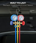 Three Way AC Diagnostic Manifold Gauge Set for Freon charging with 3ft hoses, rubber casing, copper fittings, hanging on a hook.